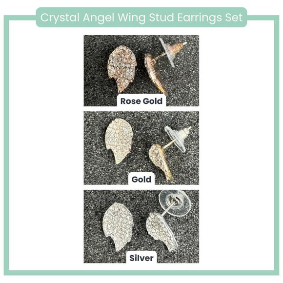 Crystal Angel Wing Stud Earrings – Set of 3 (Gold, Rose Gold & Silver) - Picture 1 of 7